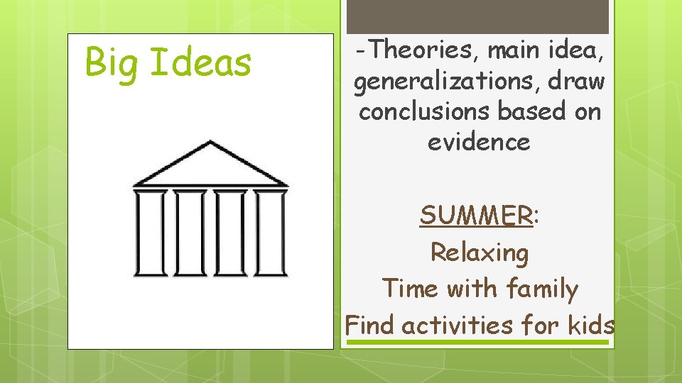 Big Ideas -Theories, main idea, generalizations, draw conclusions based on evidence SUMMER: Relaxing Time