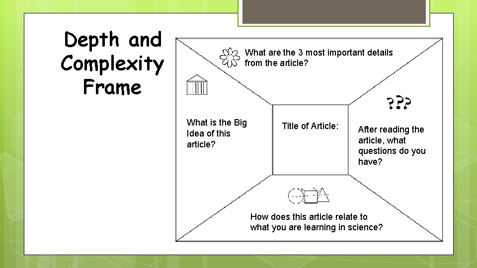 Depth and Complexity Frame What are the 3 most important details from the article?
