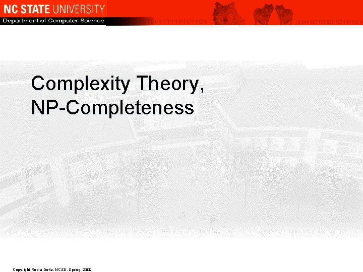 Complexity Theory, NP-Completeness Copyright Rudra Dutta, NCSU, Spring, 2009 