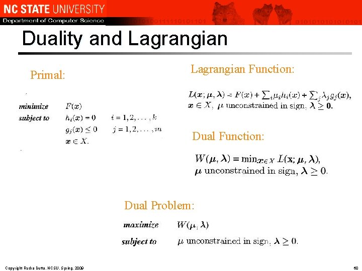 Duality and Lagrangian Primal: Lagrangian Function: Dual Problem: Copyright Rudra Dutta, NCSU, Spring, 2009