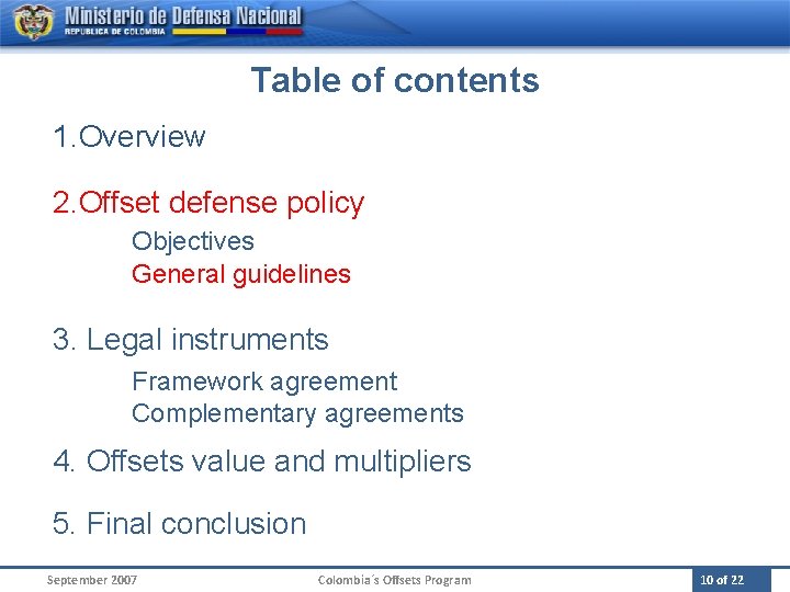 Table of contents 1. Overview 2. Offset defense policy Objectives General guidelines 3. Legal