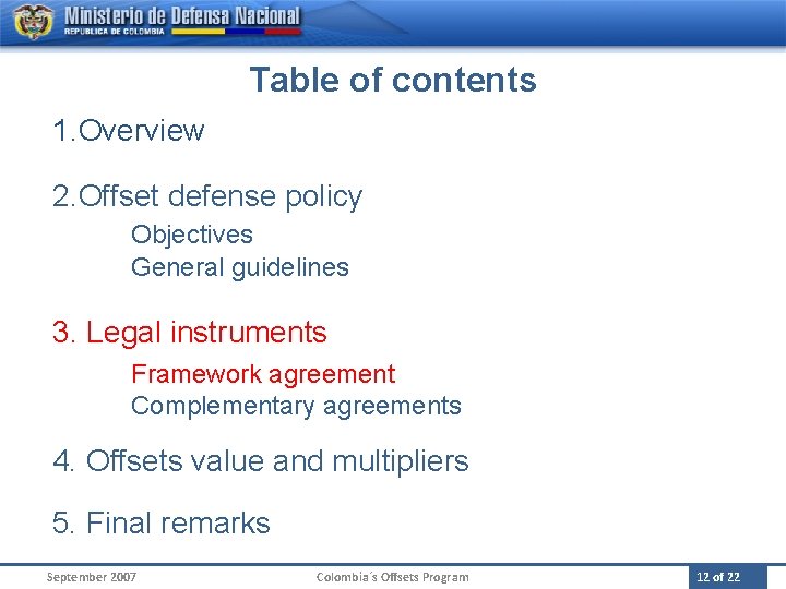 Table of contents 1. Overview 2. Offset defense policy Objectives General guidelines 3. Legal