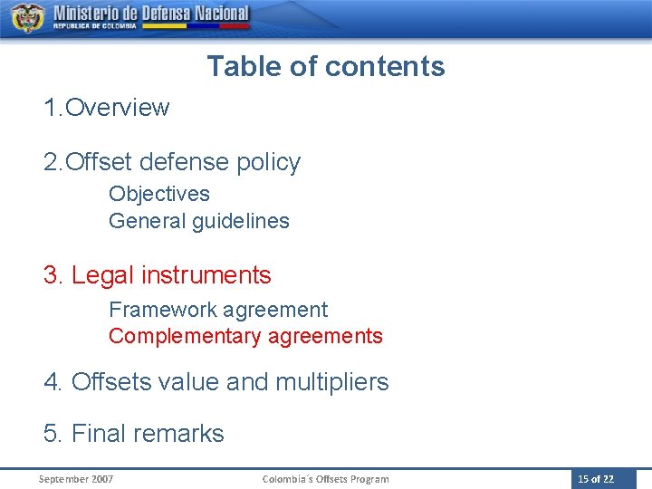 Table of contents 1. Overview 2. Offset defense policy Objectives General guidelines 3. Legal