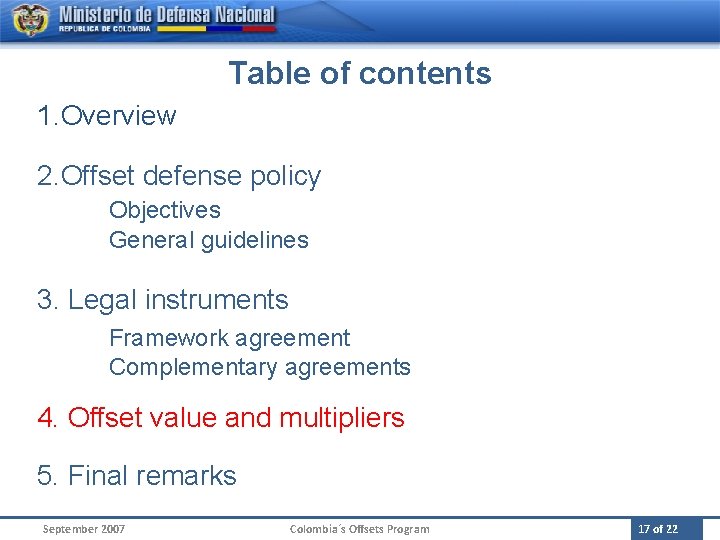 Table of contents 1. Overview 2. Offset defense policy Objectives General guidelines 3. Legal