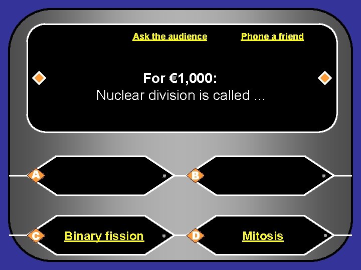 Ask the audience Phone a friend For € 1, 000: Nuclear division is called