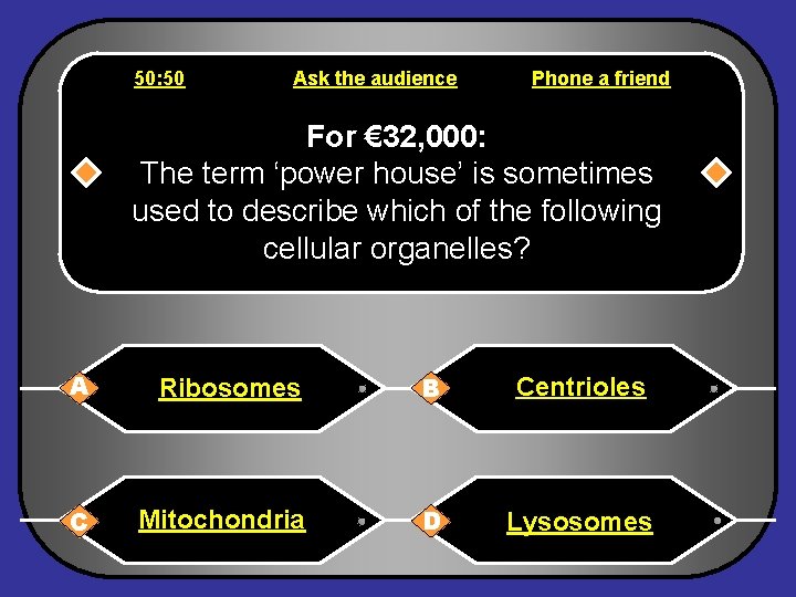 50: 50 Ask the audience Phone a friend For € 32, 000: The term