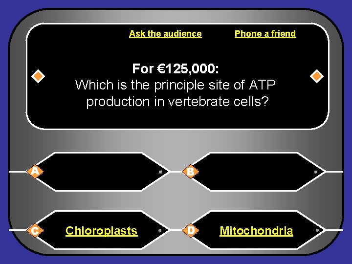 Ask the audience Phone a friend For € 125, 000: Which is the principle