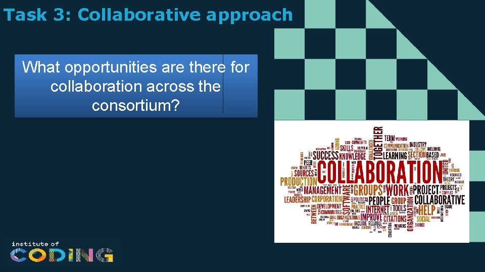 Task 3: Collaborative approach What opportunities are there for collaboration across the consortium? 