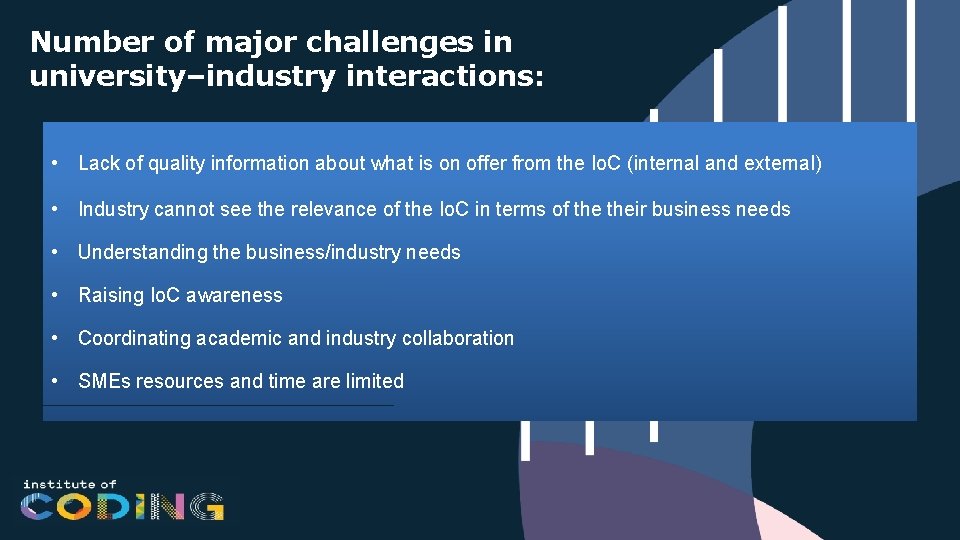 Number of major challenges in university–industry interactions: • Lack of quality information about what