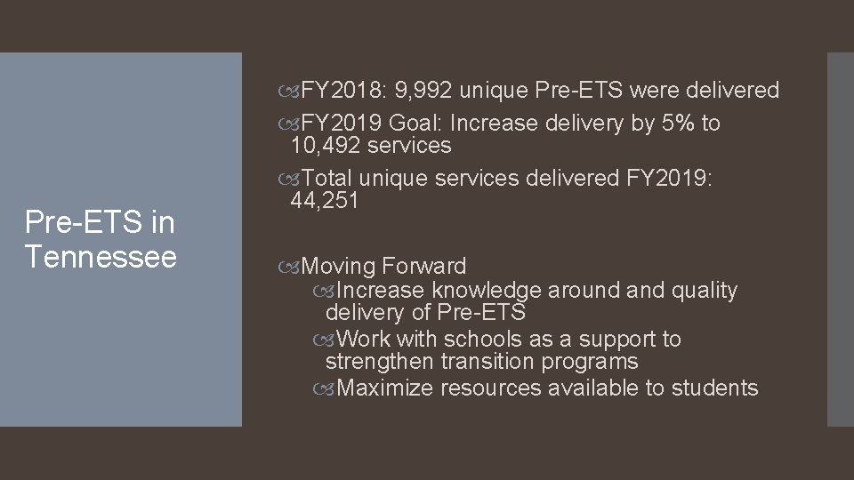 Pre-ETS in Tennessee FY 2018: 9, 992 unique Pre-ETS were delivered FY 2019 Goal:
