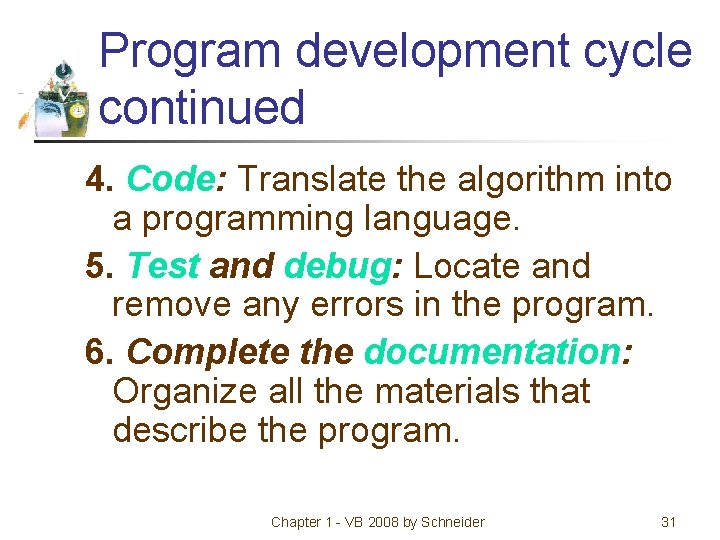 Program development cycle continued 4. Code: Translate the algorithm into a programming language. 5.