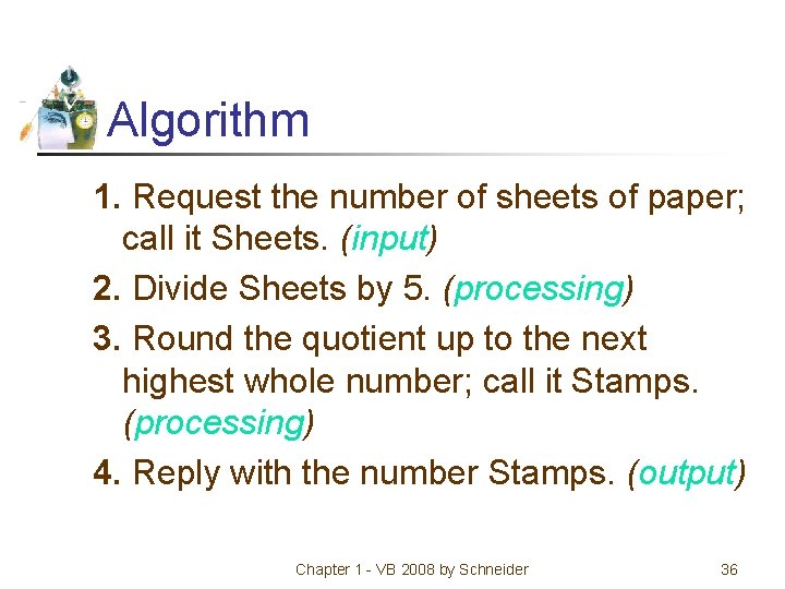 Algorithm 1. Request the number of sheets of paper; call it Sheets. (input) 2.