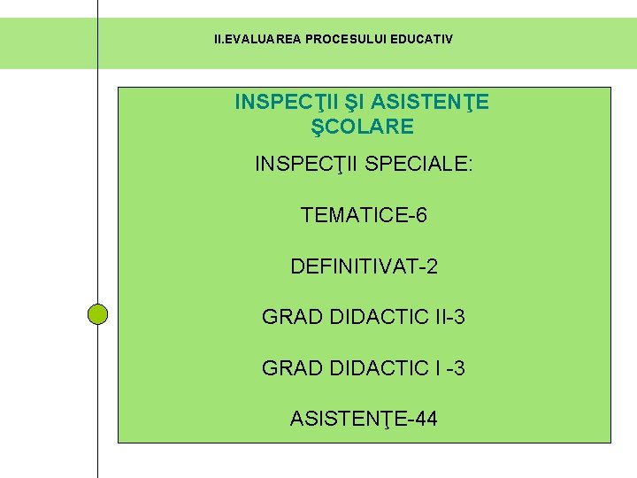 II. EVALUAREA PROCESULUI EDUCATIV INSPECŢII ŞI ASISTENŢE ŞCOLARE INSPECŢII SPECIALE: TEMATICE-6 DEFINITIVAT-2 GRAD DIDACTIC II. EVALUAREA PROCESULUI EDUCATIV INSPECŢII ŞI ASISTENŢE ŞCOLARE INSPECŢII SPECIALE: TEMATICE-6 DEFINITIVAT-2 GRAD DIDACTIC