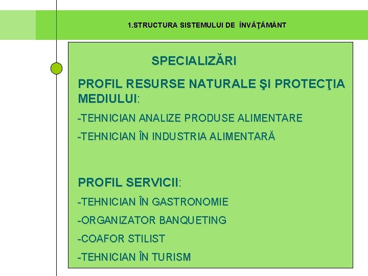 1. STRUCTURA SISTEMULUI DE ÎNVĂŢĂM NT SPECIALIZĂRI PROFIL RESURSE NATURALE ŞI PROTECŢIA MEDIULUI: -TEHNICIAN 1. STRUCTURA SISTEMULUI DE ÎNVĂŢĂM NT SPECIALIZĂRI PROFIL RESURSE NATURALE ŞI PROTECŢIA MEDIULUI: -TEHNICIAN