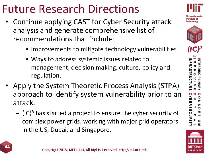 Future Research Directions • Continue applying CAST for Cyber Security attack analysis and generate