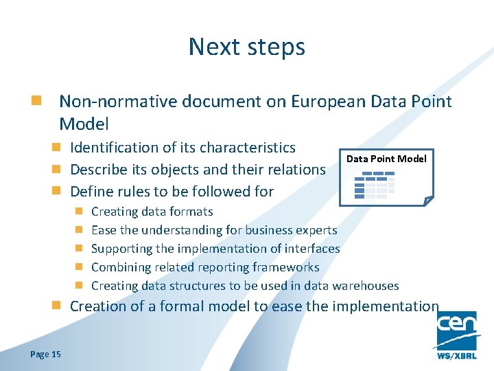 Next steps Non-normative document on European Data Point Model Identification of its characteristics Describe