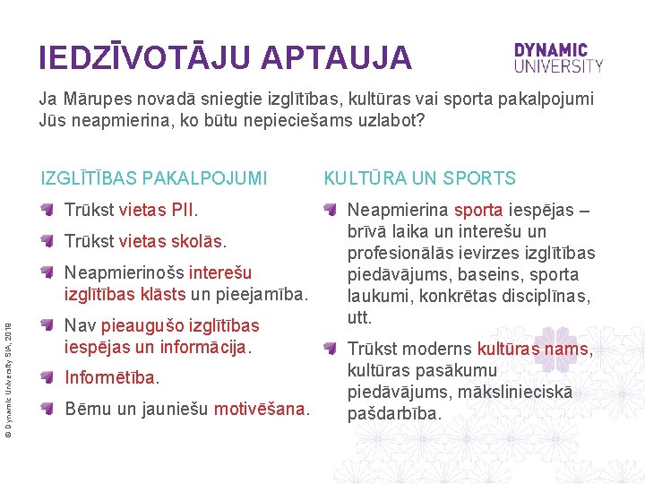 IEDZĪVOTĀJU APTAUJA Ja Mārupes novadā sniegtie izglītības, kultūras vai sporta pakalpojumi Jūs neapmierina, ko