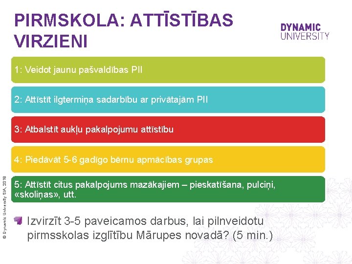 PIRMSKOLA: ATTĪSTĪBAS VIRZIENI 1: Veidot jaunu pašvaldības PII 2: Attīstīt ilgtermiņa sadarbību ar privātajām