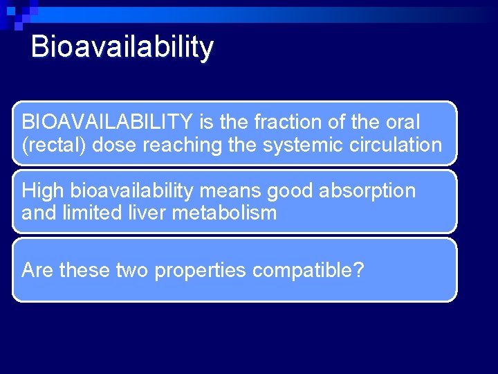 Bioavailability BIOAVAILABILITY is the fraction of the oral (rectal) dose reaching the systemic circulation