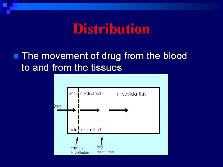 Distribution n The movement of drug from the blood to and from the tissues