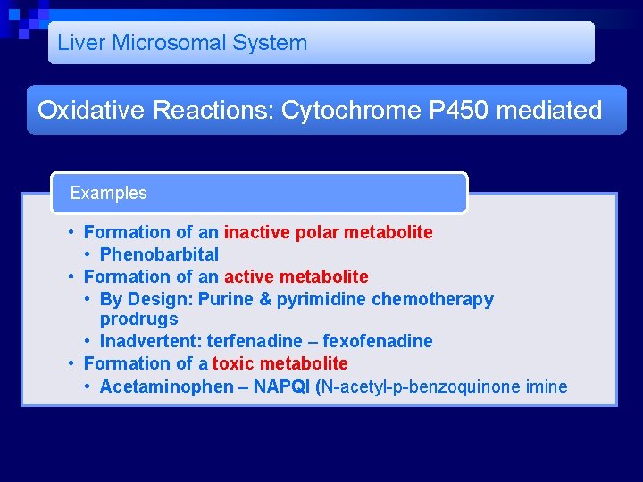 Liver Microsomal System Oxidative Reactions: Cytochrome P 450 mediated Examples • Formation of an