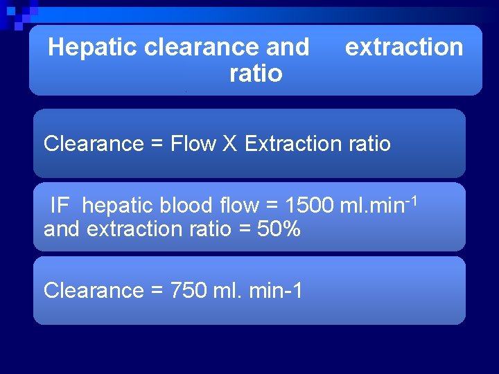 Hepatic clearance and extraction ratio Clearance = Flow X Extraction ratio IF hepatic blood