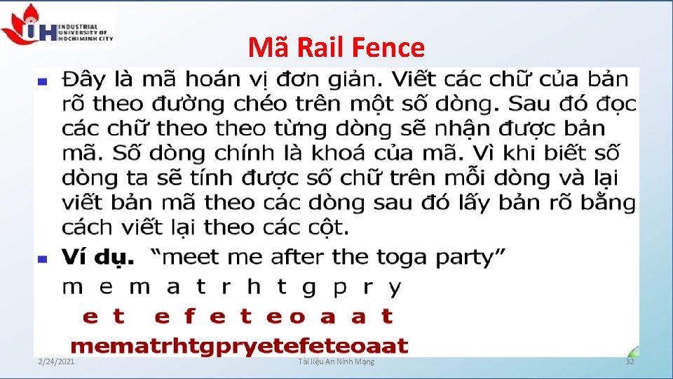 Mã Rail Fence 2/24/2021 Tài liệu An Ninh Mạng 32 