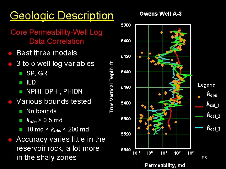 Geologic Description Owens Well A-3 5380 Core Permeability-Well Log Data Correlation l Best three