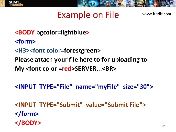 Example on File www. hndit. com <BODY bgcolor=lightblue> <form> <H 3><font color=forestgreen> Please attach