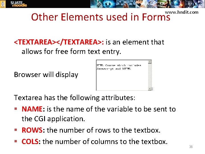 www. hndit. com Other Elements used in Forms <TEXTAREA></TEXTAREA>: is an element that allows