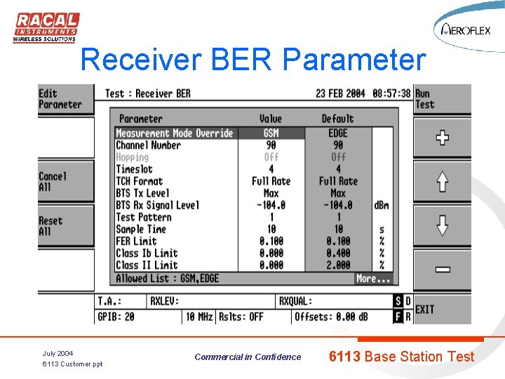 Receiver BER Parameter July 2004 6113 Customer. ppt Commercial in Confidence 6113 Base Station