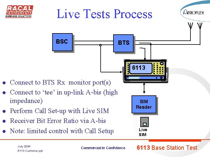 Live Tests Process BSC BTS 6113 l l l Connect to BTS Rx monitor