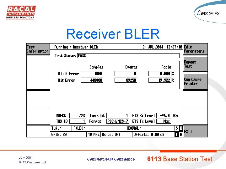 Receiver BLER July 2004 6113 Customer. ppt Commercial in Confidence 6113 Base Station Test