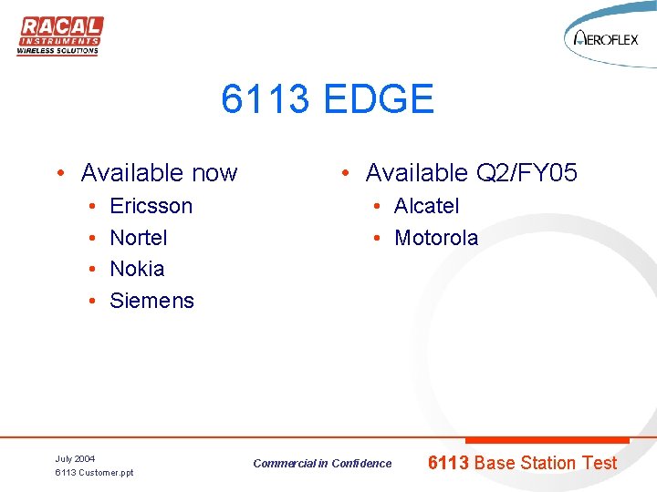 6113 EDGE • Available now • • Ericsson Nortel Nokia Siemens July 2004 6113