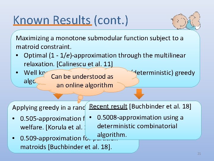 Known Results (cont. ) Maximizing a monotone submodular function subject to a matroid constraint.