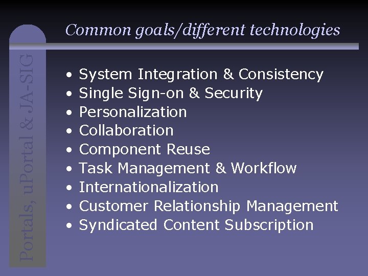 Portals, u. Portal & JA-SIG Common goals/different technologies • • • System Integration &