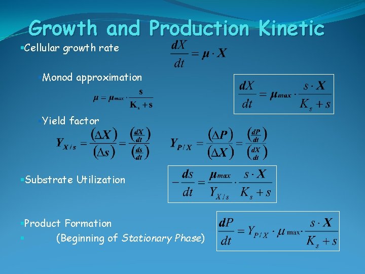 Growth and Production Kinetic §Cellular growth rate §Monod approximation §Yield factor §Substrate Utilization §Product