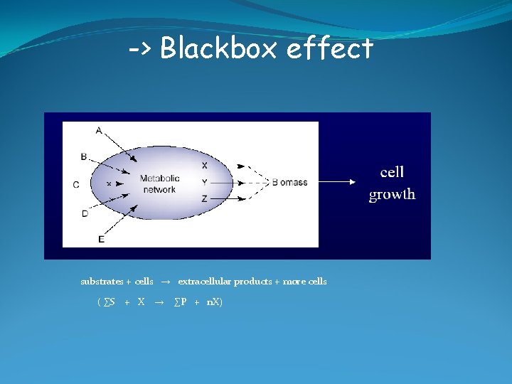 -> Blackbox effect substrates + cells → extracellular products + more cells ( ∑S