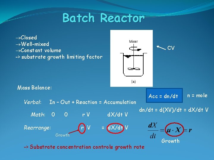 Batch Reactor Closed Well-mixed Constant volume -> substrate growth limiting factor CV Mass Balance: