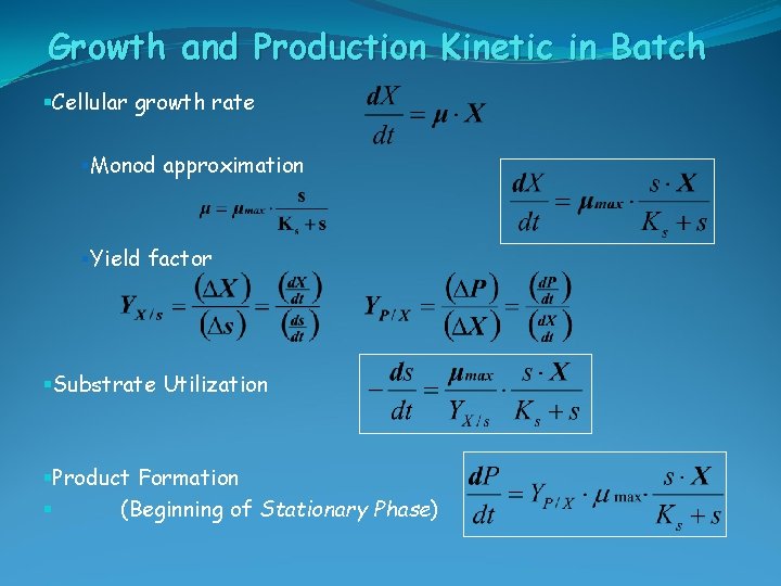 Growth and Production Kinetic in Batch §Cellular growth rate §Monod approximation §Yield factor §Substrate