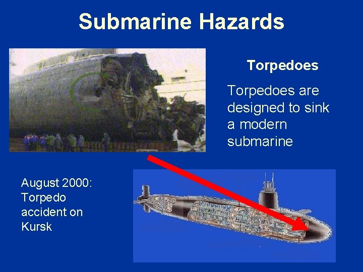 Submarine Hazards Torpedoes are designed to sink a modern submarine August 2000: Torpedo accident