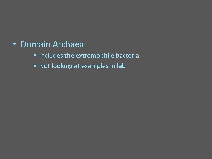  • Domain Archaea • Includes the extremophile bacteria • Not looking at examples