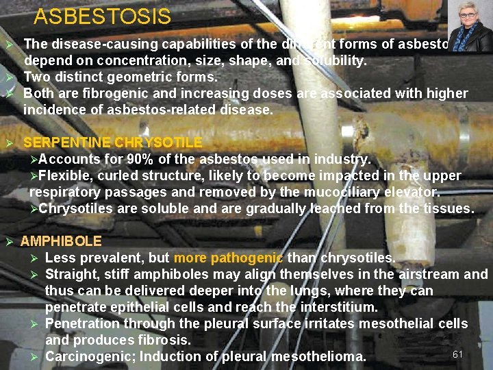 ASBESTOSIS The disease-causing capabilities of the different forms of asbestos depend on concentration, size,