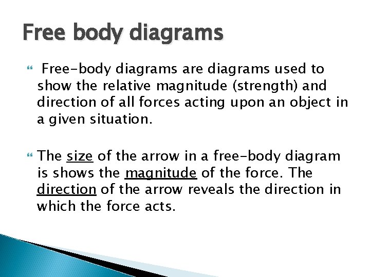 Free body diagrams Free-body diagrams are diagrams used to show the relative magnitude (strength)