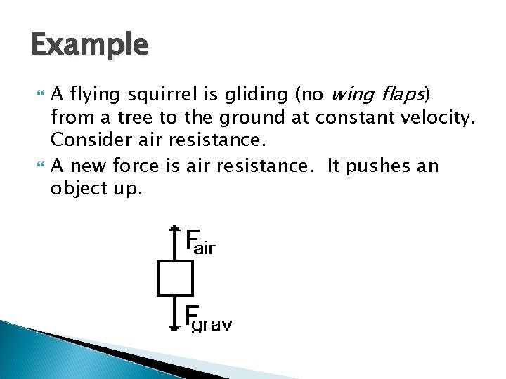 Example A flying squirrel is gliding (no wing flaps) from a tree to the