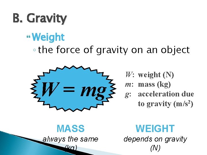 B. Gravity Weight ◦ the force of gravity on an object W = mg