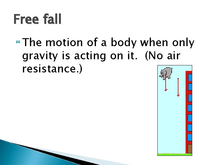 Free fall The motion of a body when only gravity is acting on it.