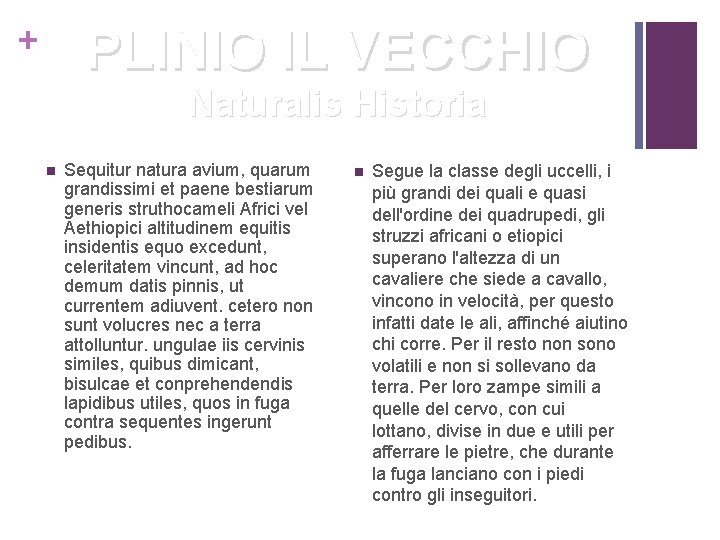 PLINIO IL VECCHIO + Naturalis Historia n Sequitur natura avium, quarum grandissimi et paene