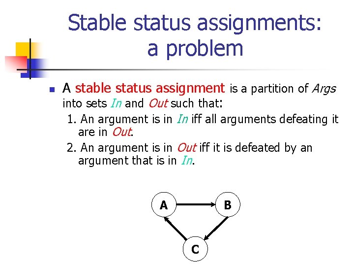 Stable status assignments: a problem n A stable status assignment is a partition of