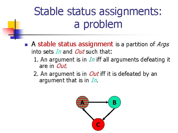 Stable status assignments: a problem n A stable status assignment is a partition of